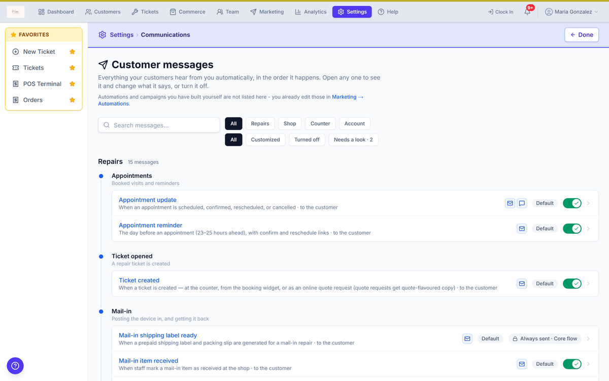 The Communications settings page listing every customer message grouped by stage, each with a switch beside it.