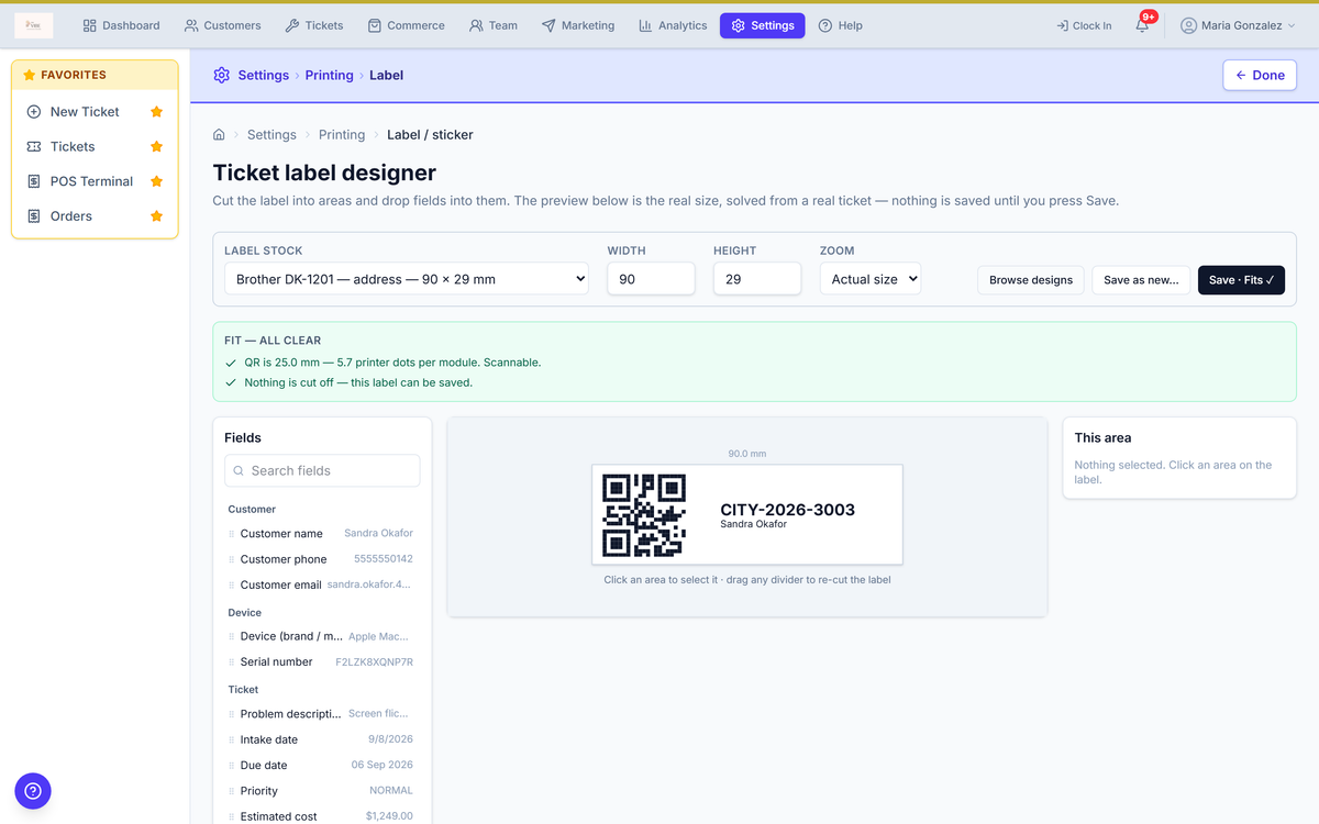 The ticket label designer: a searchable field list on the left, the label drawn at true size in the middle, and a fit check confirming the QR code is scannable.