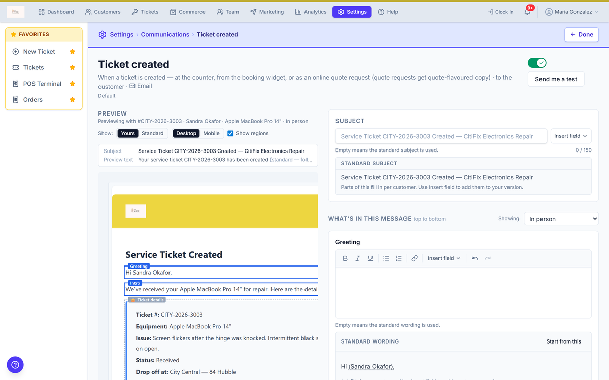 The message editor for Ticket created, with a live preview on the left and the editable greeting on the right.