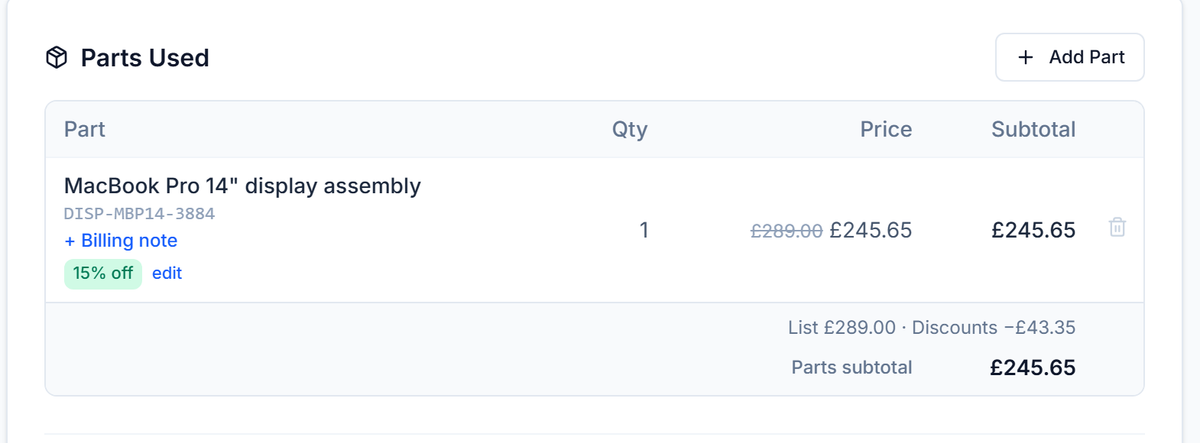 A Parts Used table showing a display assembly at £289.00 struck through and £245.65 charged, tagged 15% off, with a footer reading List £289.00, Discounts minus £43.35.
