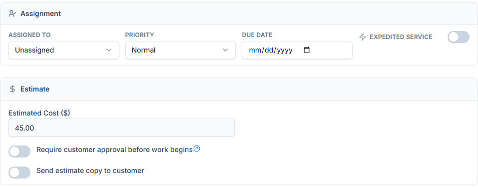 Step 2 of New Ticket: the Assignment row with Assigned to, Priority, Due Date and Expedited, then the Estimate section.