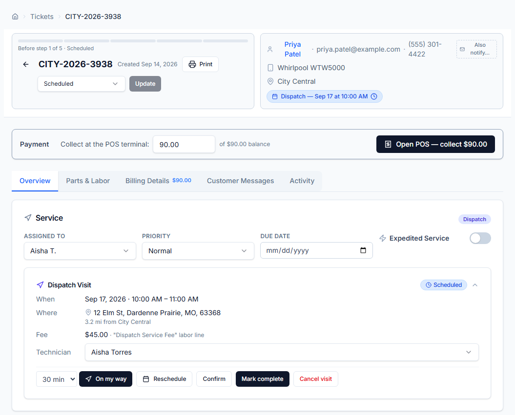 A dispatch ticket: the status on the header, the Payment bar, and the Service card with the visit — when, where, fee, technician, and the On my way, Reschedule, Confirm, Mark complete and Cancel visit buttons.