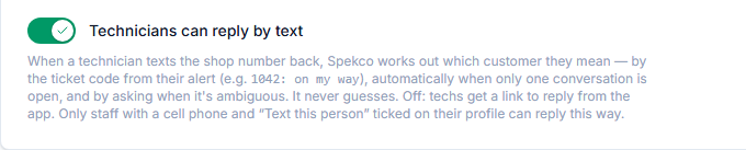 The “Technicians can reply by text” switch under Settings → Integrations → Twilio, switched on.