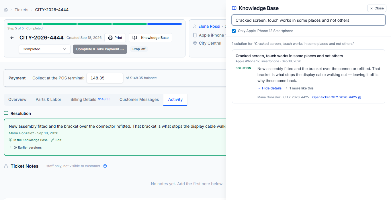 A ticket with the Knowledge Base panel open beside it — nothing dimmed, the ticket still readable. The panel arrives prefilled with the ticket's own problem and filtered to its equipment, and shows one matching solution with the write-up, who wrote it and a link to that ticket.