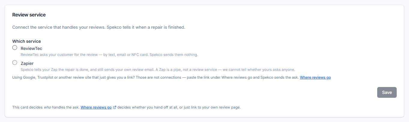 Settings → Integrations → Reviews: the Review service card offering ReviewTec or Zapier, neither connected, with a line explaining what to do if you only have a review link, and links through to Where reviews go.