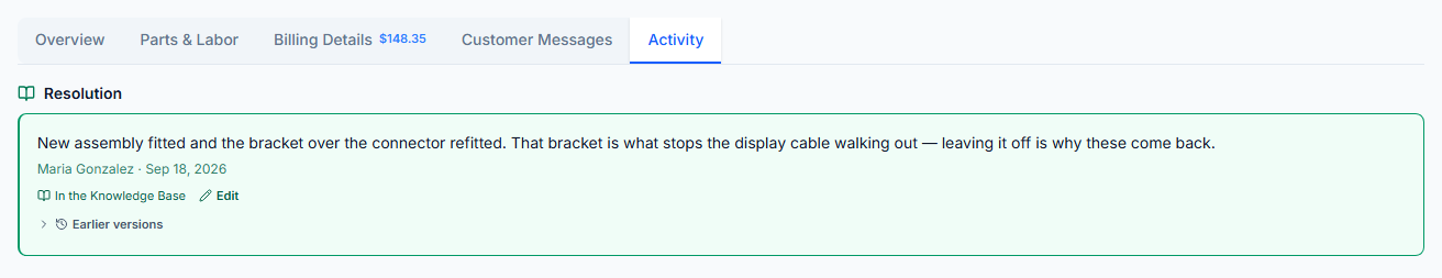 The Activity tab of a ticket: the write-up in a green Resolution group pinned above the rest of the trail, with who wrote it, In the Knowledge Base, Edit and Earlier versions.