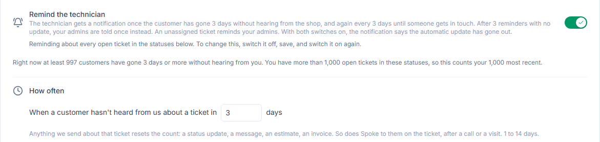 Settings → Tickets → Customer updates: Remind the technician switched on, a line counting how many customers have gone 3 days without hearing from the shop, and How often set to 3 days, with a note that any status update, message, estimate, invoice or Spoke to them resets the count.
