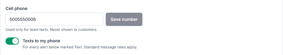 How you’re reached on the Alerts tab: the cell phone box with a Save number button, the note “Used only for team texts. Never shown to customers.”, and the Texts to my phone switch, on.