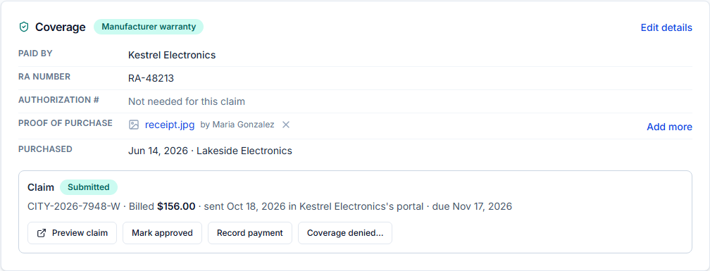 The Coverage card on a ticket: Manufacturer warranty, paid by Kestrel Electronics, RA number RA-48213, authorization not needed, proof of purchase receipt.jpg, purchased Jun 14, 2026 at Lakeside Electronics; the claim CITY-2026-7948-W, Submitted, billed $156.00, sent Oct 18, 2026 in Kestrel Electronics’s portal, due Nov 17, 2026, with Preview claim, Mark approved, Record payment and Coverage denied… buttons.